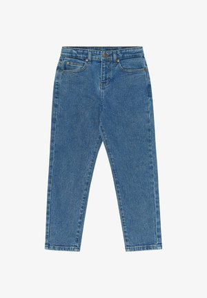 Blauwe jeans met hoge taille en rechte pijpen, vooraan met knoop en rits, riemlussen en vijfzakkenontwerp op een witte achtergrond.