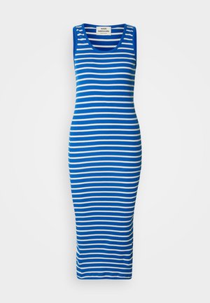 Robe débardeur à rayures bleues et blanches, au design ajusté. Fabriquée en tissu extensible, avec un col rond et un ourlet long et droit.