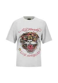 Šedé bavlněné tričko s velkým potiskem tygra v živých barvách, s texty "Ed Hardy" a "Los Angeles" v červené. Krátké rukávy.