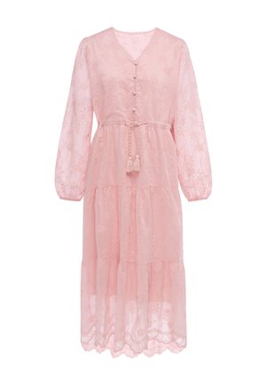 Pink lace midi dress with long sheer sleeves, buttoned front, tassel waist tie, and tiered skirt with scalloped hem.