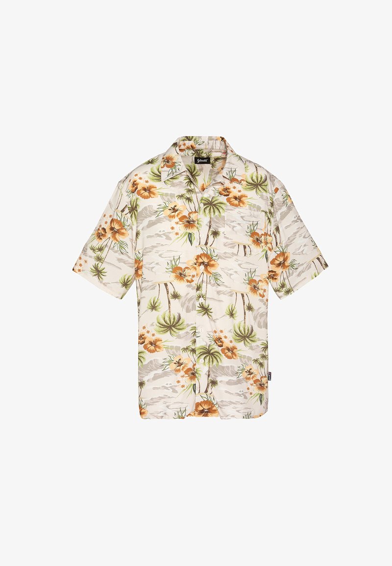 Chemise hawaïenne beige à manches courtes avec des fleurs d'hibiscus orange, des palmiers verts, et une poche poitrine avant avec le logo Schott.