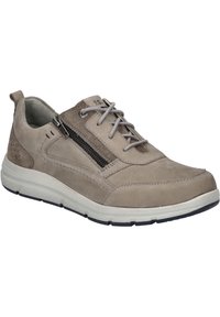 Graue Wildleder Sneaker mit strukturiertem Finish, seitlichem Reißverschluss, Schnürverschluss und einer gepolsterten weißen Sohle.