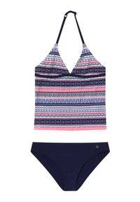 Ensemble de maillot de bain comprenant un haut à dos nu avec un motif de rayures multicolores en rose, bleu et blanc ; bas de bikini uni en marine ; tissu doux.