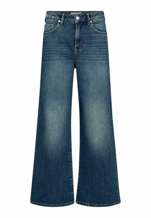 Sinised kõrge vöökohaga teksapüksid laiade sääreosadega, esikinnis nupuga ja luku, esikülje ja tagataskutega ning reitel tuhmunud detailidega.