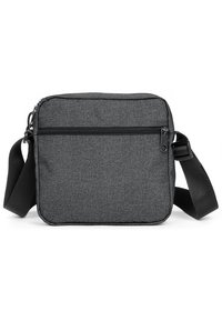 Borsa a spalla in tessuto grigio con tasca anteriore con zip, tracolla regolabile, forma quadrata e texture liscia.