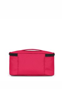 Bolsa rectangular rosa hecha de tela duradera, con cierre de cremallera y un asa superior para un fácil transporte. Textura suave sin patrones.
