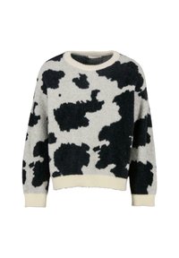 Sweter dzianinowy w czarno-kremowy wzór w cętki, okrągły dekolt, ściągacz na dole i miękka tekstura. Długie rękawy w luźnym kroju.