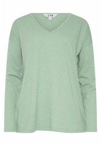 Minzgrünes Langarm-V-Neck-T-Shirt aus weichem, leichtem Material mit lässigem Schnitt und subtiler Textur. Etikett sichtbar am Ausschnitt.