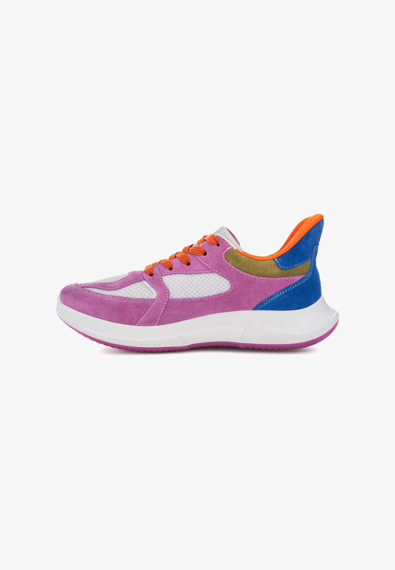 Multicolored sneaker featuring a pink suede upper, white mesh panels, orange laces, and a blue suede accent on the heel, with a white sole.