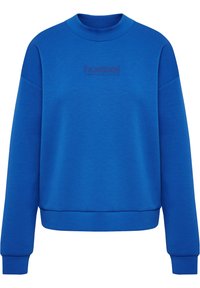 Blauer Sweatshirt mit Rundhalsausschnitt und langen Ärmeln. Verfügt über ein dezentes geprägtes Logo auf der Brust sowie einen gerippten Saum und Bündchen.