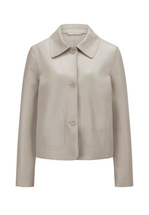 Beige Lederjacke mit Kragen, zwei Fronttaschen und Knopfverschlüssen. Glatte Textur und einfaches, maßgeschneidertes Design.