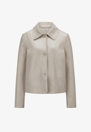 Beige Lederjacke mit Kragen, zwei Fronttaschen und Knopfverschlüssen. Glatte Textur und einfaches, maßgeschneidertes Design.