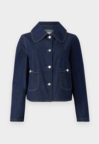Veste en denim noir avec un col pointu, quatre boutons, deux poches avant et des coutures contrastantes le long des bords.