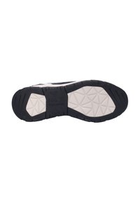 Rubber outsole with a textured pattern, featuring a triangular design. Mainly black with a white midsole. Branding visible on the heel.