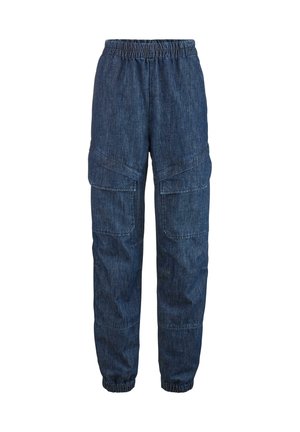 Pantaloni cargo in denim con vita elastica, orli tapered e multiple tasche frontali in una tonalità blu scuro; texture liscia.
