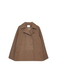 Brown double-breasted wool coat with wide lapels, six buttons, and two slanted front pockets, displayed flat on white background.