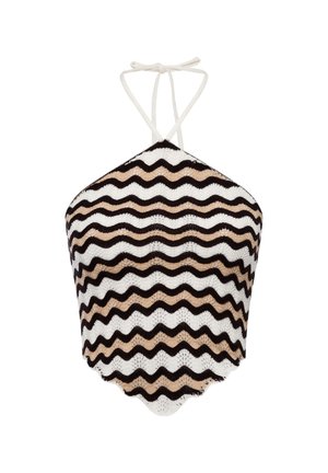 Black, white, and beige striped bikini top with wavy pattern; halter neck design with thin ties; scalloped bottom edge.