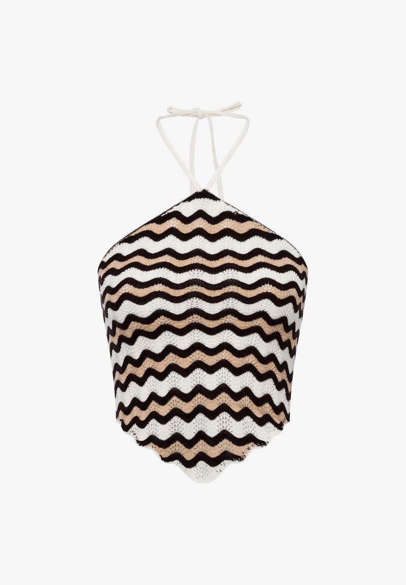 Haut de bikini rayé noir, blanc et beige avec un motif ondulé ; design à col halter avec des liens fins ; bord inférieur festonné.