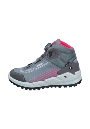 Gray hiking shoe with pink accents, mesh upper, rubber sole, and a quick-lacing system. Features reinforced toe and heel for durability.