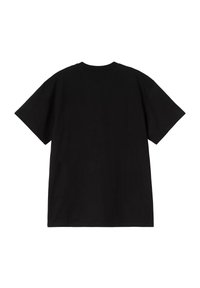 Czarna bawełniana koszulka z okrągłym dekoltem, krótkimi rękawami i luźnym krojem. Materiał jest gładki, bez widocznych wzorów czy ozdób.