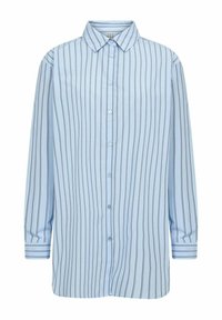 Lichtblauw overhemd met lange mouwen, verticale marineblauwe strepen, klassieke kraag en een losse pasvorm. Zacht stof met een gladde textuur.