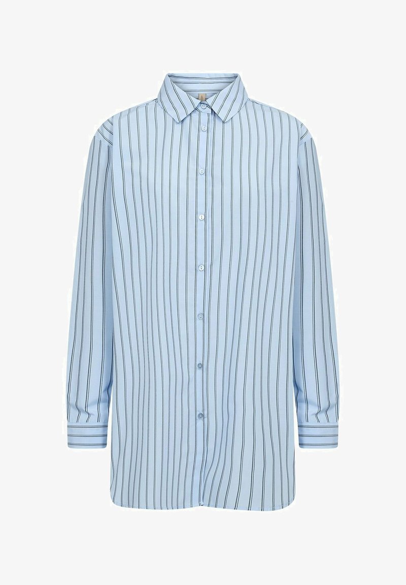 Lichtblauw overhemd met lange mouwen, verticale marineblauwe strepen, klassieke kraag en een losse pasvorm. Zacht stof met een gladde textuur.