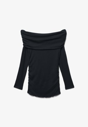 Schwarzes, geripptes Off-Shoulder-Oberteil mit langen Ärmeln, das eine geraffte Seitennaht und einen weichen, strukturierten Stoff aufweist.