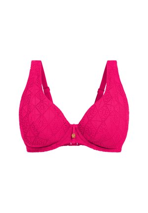 Heldere roze beha met een geometrisch kantontwerp en een gestructureerde afwerking. Voorzien van verstelbare bandjes en een sluiting aan de voorkant. Geschikt voor verschillende maten.
