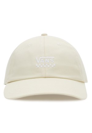 Gorra de béisbol color crema hecha de algodón, con una corona redondeada, visera rígida y un logo bordado blanco de "VANS" en la parte frontal.
