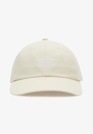 Gorra de béisbol color crema hecha de algodón, con una corona redondeada, visera rígida y un logo bordado blanco de "VANS" en la parte frontal.