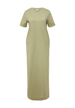 Abito maxi verde oliva a maniche corte realizzato in tessuto morbido e leggero, con scollatura rotonda e vestibilità comoda, caratterizzato da un orlo dritto.