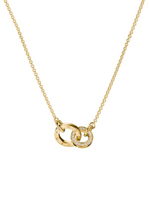 Gold chain necklace with two interlocking rings, one plain gold and one embellished with small diamonds.