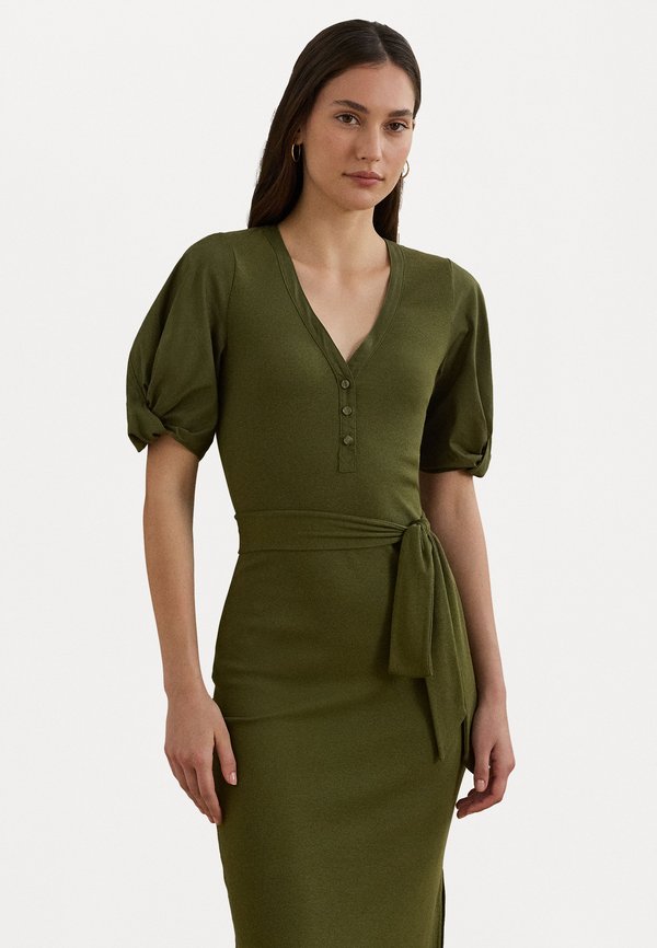BELTED RIB KNIT PUFF SLEEVE DRESS - Jersey dress - olive grove