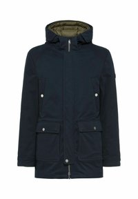 Granatowa parka z wytrzymałą zewnętrzną powłoką, wyściełanym kapturem, zamkiem błyskawicznym oraz przednimi kieszeniami zapinanymi na zatrzaski.