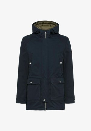 Granatowa parka z wytrzymałą zewnętrzną powłoką, wyściełanym kapturem, zamkiem błyskawicznym oraz przednimi kieszeniami zapinanymi na zatrzaski.