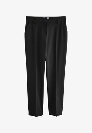 Czarne spodnie wykonane z gładkiego materiału, z dopasowanym krojem, dwoma bocznymi kieszeniami i prostym fasonem. Brak widocznych zapięć lub wzorów.