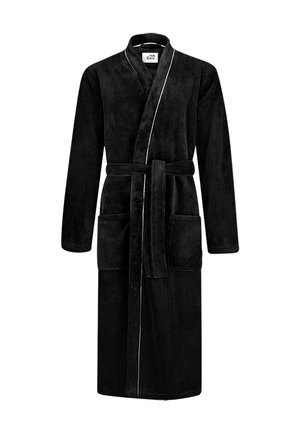 Zwarte lange badjas met sjaalkraag, twee voorzakken en een bijbehorende riem die in de taille is gestrikt.