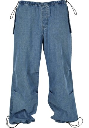 Lyseblå denimbukser med elastisk talje, snoretræk ved anklerne og sidelommer. Stoffet ser blødt ud med en let falmet tekstur.