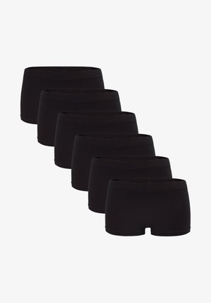 Black cotton boxer shorts, featuring a low-rise waistband, smooth texture, and a simple design. Six pieces shown in a row.
