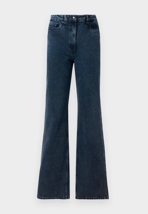 Mørkeblå højtaljede viddejeans med forlommer, bæltestropper og knaplukning.