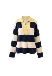 Langärmliger Strickpullover mit breiten horizontalen Streifen in Marineblau und Beige, gelbem Kragen und tiefem V-Ausschnitt.