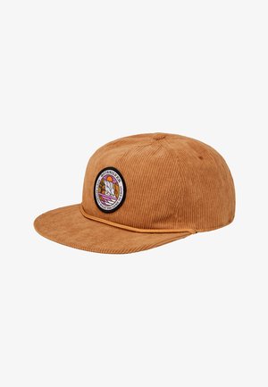 Brown corduroy cap with a flat brim and a round patch featuring a mountain and sun design, accented by a thin contrasting band.