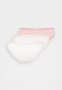 Three pairs of women's hipster underwear in soft cotton. Colors: light pink, white, cream. Each features a logo waistband with a smooth texture.
