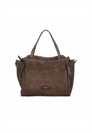 Sac à main en suède marron avec une texture douce, fermeture zippée, deux poignées supérieures et deux poches zippées sur les côtés. Design simple et style fonctionnel.