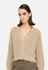 Bežs adīts kardiganis ar V veida kaklu, trīs ziedu pogām un divām priekšējām kabatām. Nēsāts virs rakstainām brūnām un melnām ķekarveida svārkiem.