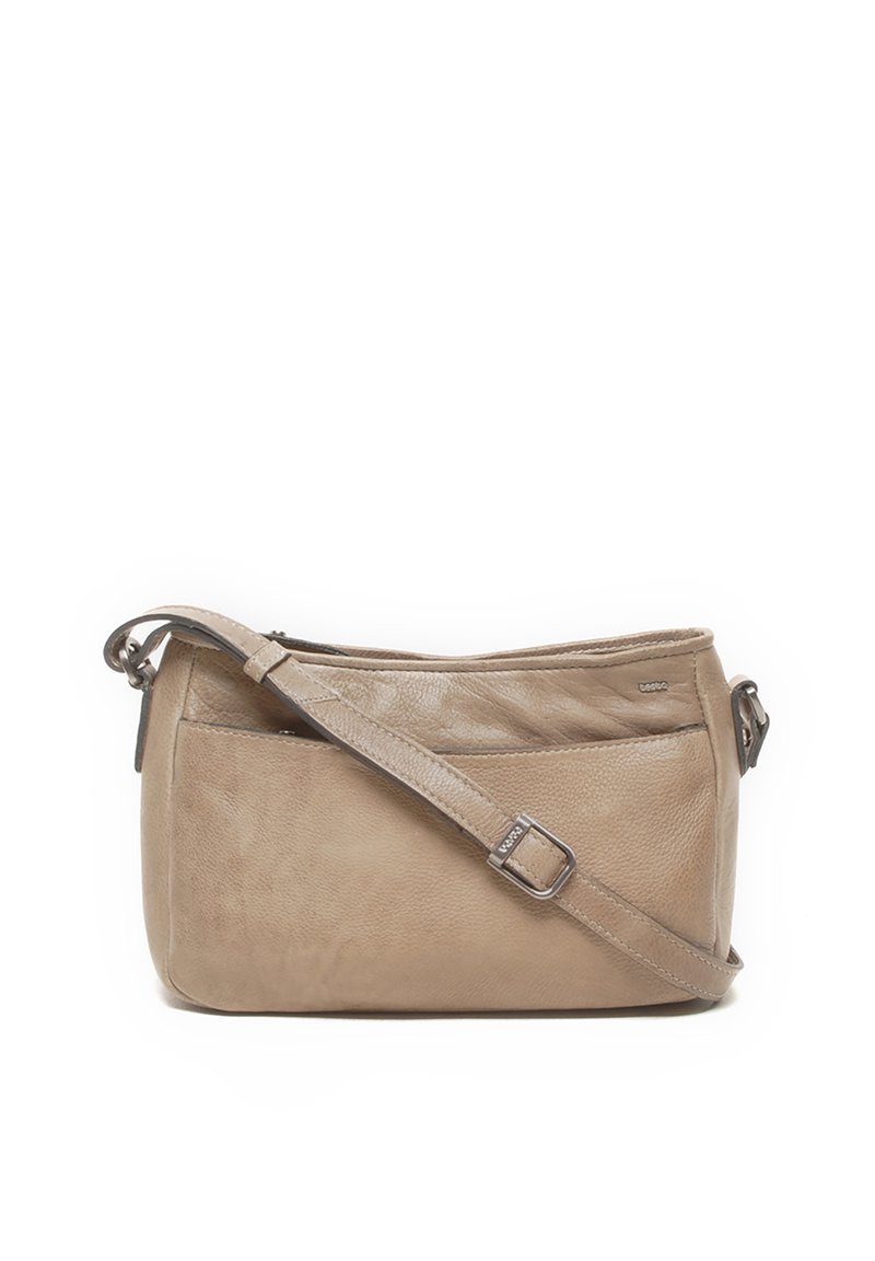 Beige leren schoudertas met een gestructureerde afwerking, verstelbare schouderband en een ritsluiting aan de bovenkant. Voorzien van een buitenvak voor gemakkelijke toegang.