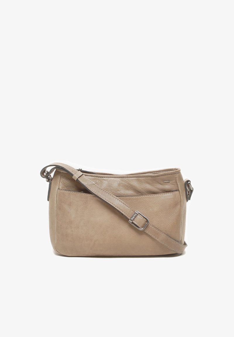 Beige leren schoudertas met een gestructureerde afwerking, verstelbare schouderband en een ritsluiting aan de bovenkant. Voorzien van een buitenvak voor gemakkelijke toegang.