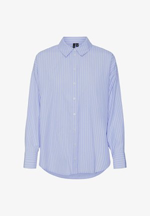 Light blue button-up shirt with white stripes, featuring a pointed collar, long sleeves, and a curved hem, made of lightweight fabric.