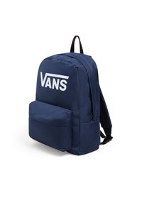 Zaino in tessuto blu con un ampio scomparto principale e una tasca frontale. Presenta il logo "VANS" bianco, spallacci regolabili e una maniglia superiore.