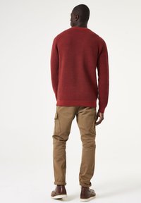 Roter strukturierter Strickpullover mit langen Ärmeln, kombiniert mit tan-farbigen Cargo-Hosen mit Seitentaschen und braunen Schuhen. Ansicht von hinten.